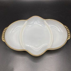 Vintage Fire king White Glass Divided Relish Candy Dish Gold Beaded Edge